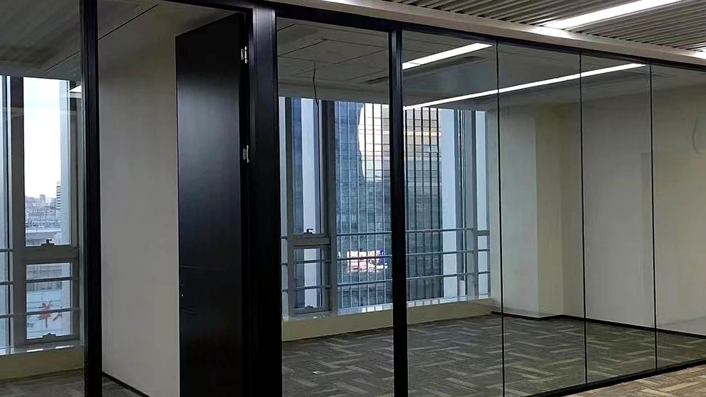 Row of full-height panoramic glass partitions with slim black frames